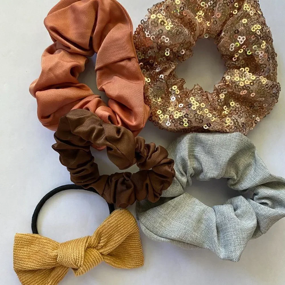 Set of 5 Scrunchies - Rose Gold Sequins and Gold Bow